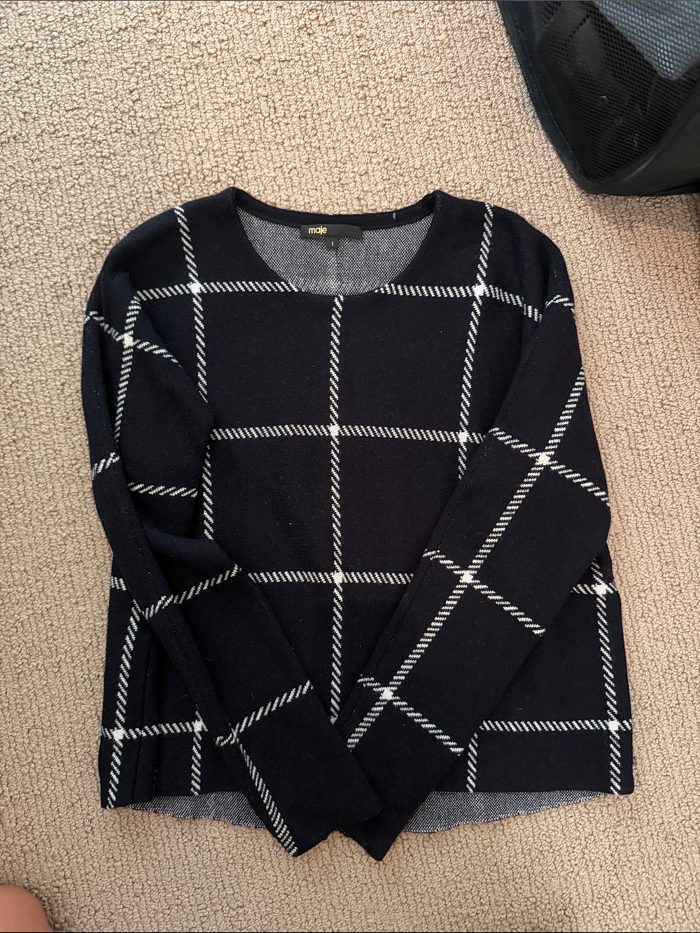 Maje Navy and White Windowpane Crewneck Sweater